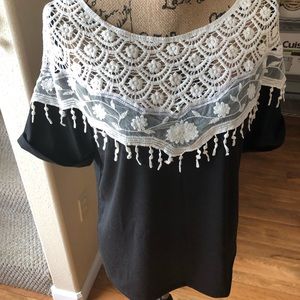 Zanzea | Black Top w/ lace embroidery on neckline